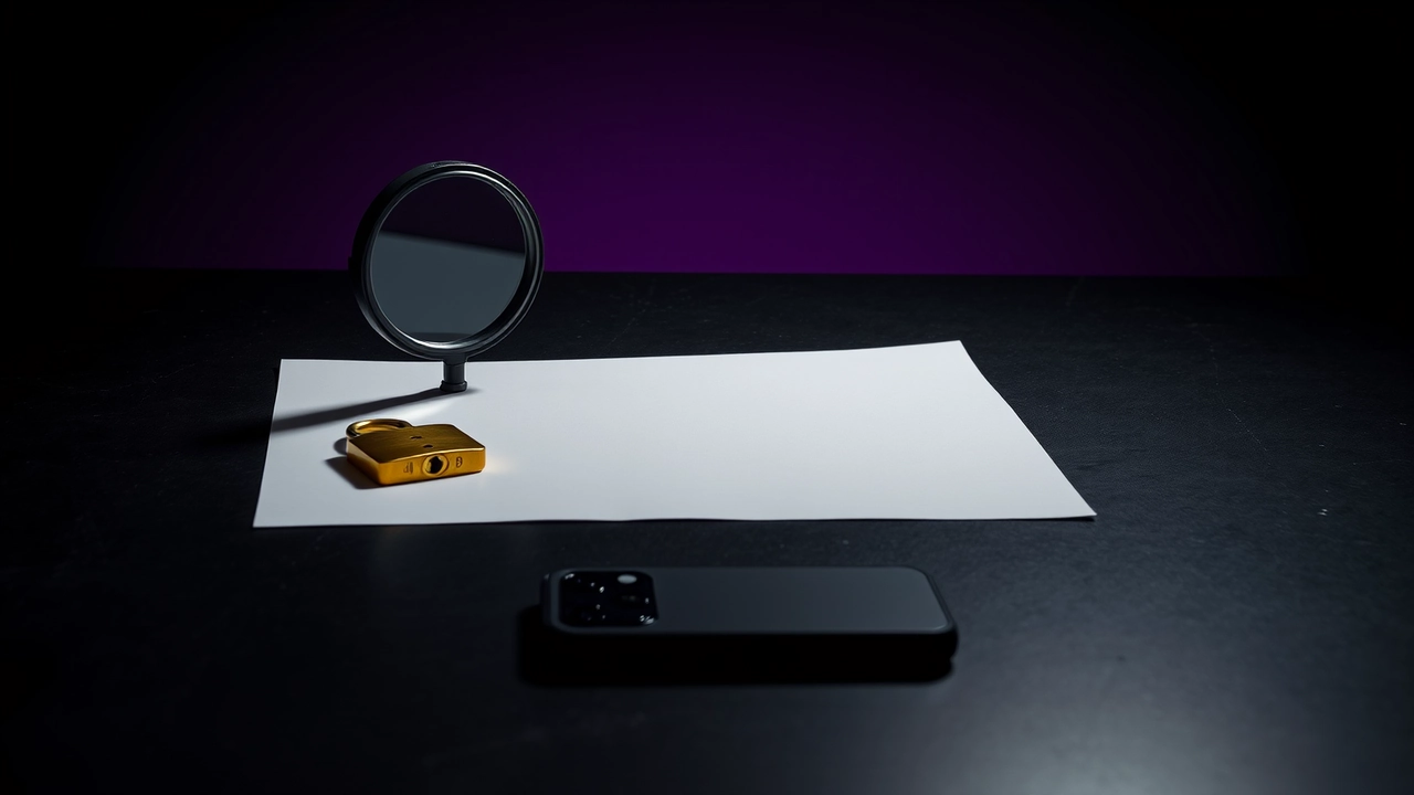 A round magnifier stands on its handle over a plain unprinted sheet, an open brass padlock resting alongside on black lacquered stone. Violet light behind the pair dies away to black and pushes two long shadows toward the viewer; the lens leaves a sharp double in the polish below.