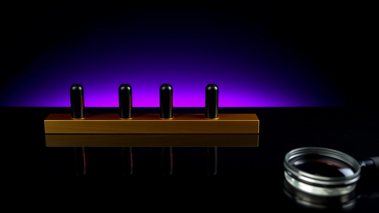Four small stylised cells stand upright at even spacing in a brushed brass rail set close to the lens on black glass. Each carries a charge bar down one side and is otherwise entirely smooth and unmarked. Violet light behind the rail drains to black and throws four parallel shadows toward the viewer.