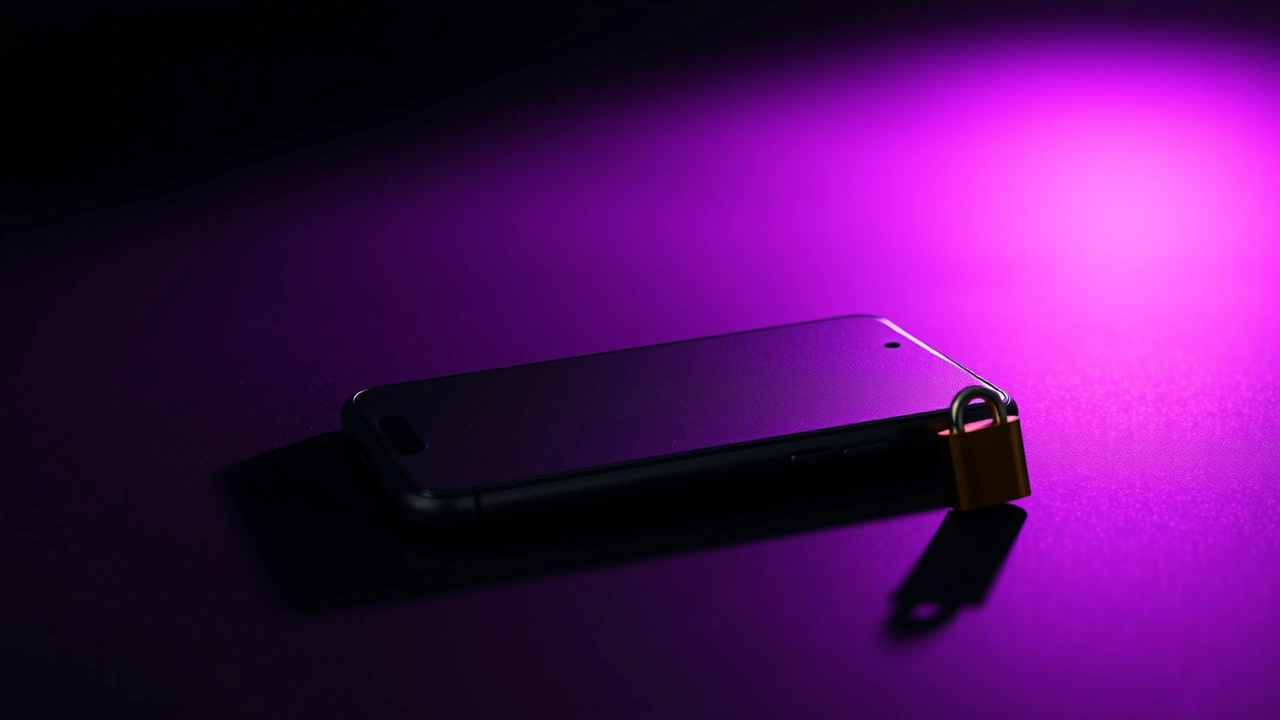A wide phone lies face-down and turned sideways on dark polished slate, its matte back taking up the lower frame, a shut brass padlock standing at its edge. Behind them the air is lit violet and drains to black; one long shadow runs across the stone and both objects double in it.