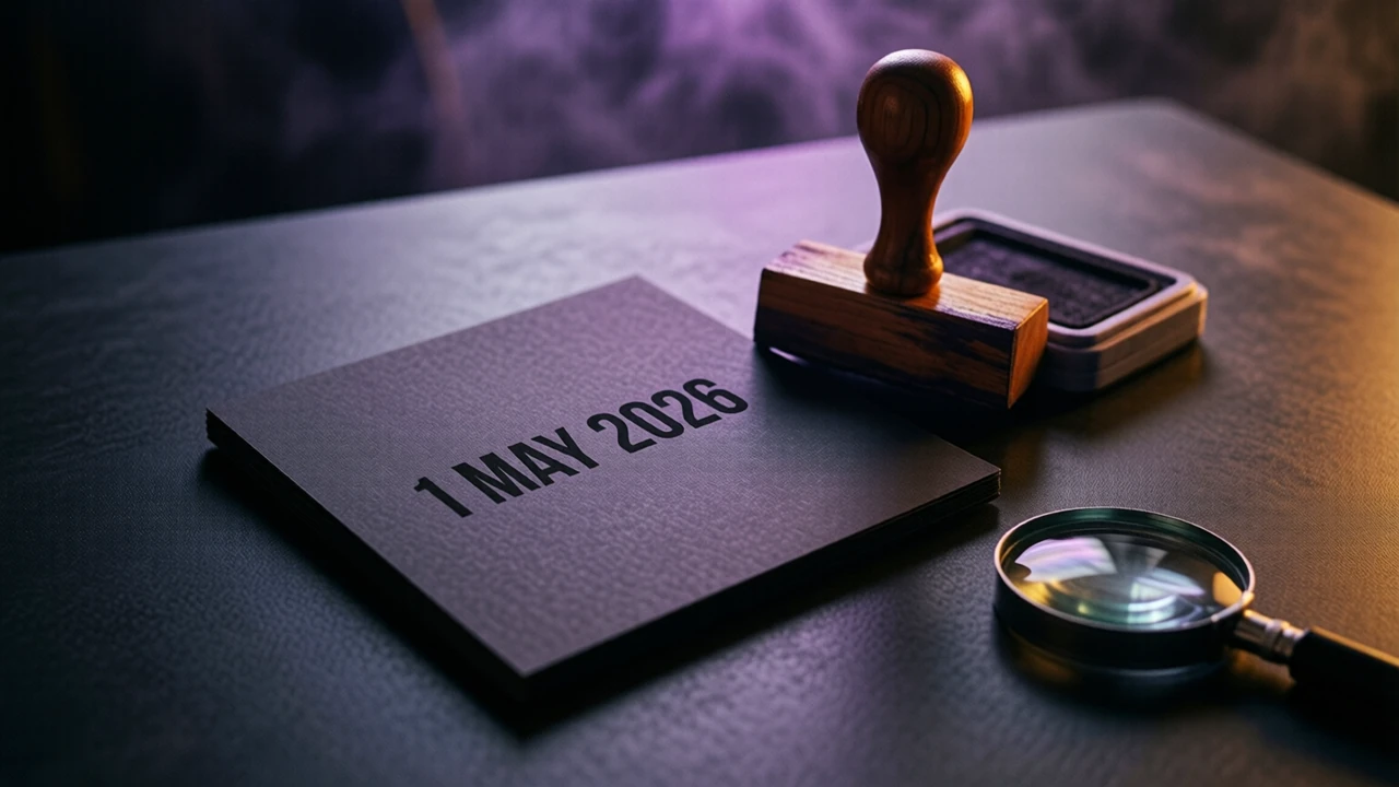 A flat stiff card lies face up and turned flat to the viewer on black lacquered stone, close in and taking up most of the picture, bearing the one line 1 MAY 2026 set in heavy black. A rubber stamp stands on its handle just behind beside a clean ink pad. Magenta light behind them both dies to black; the card's edge cuts a crisp shadow into the polish.