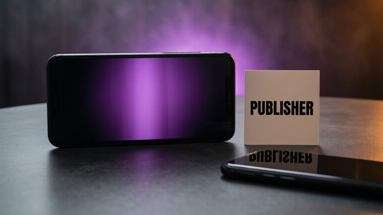 A wide phone lies face-up and turned sideways on black lacquered stone, its lit screen taking up two thirds of the picture and carrying a plain column of four short unmarked rows; a small card stands beside it facing the lens head-on, bearing the single word PUBLISHER in heavy black. A violet bloom behind the phone dies to black and the polish mirrors it.