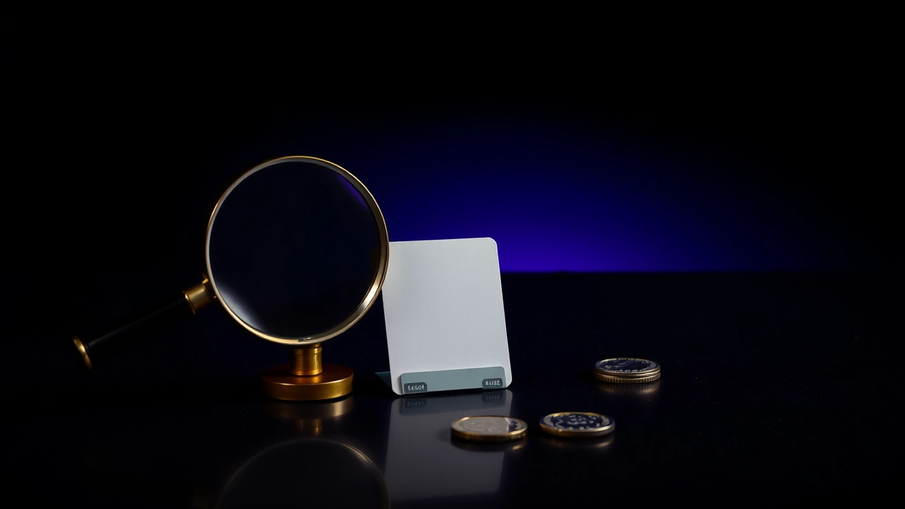 A round magnifier rests on its rim and takes up much of the picture on dark polished slate; one narrow card is propped upright in a brass groove behind it, its face plain and unprinted. A cold violet wash behind them dies to black and pushes two long shadows forward.