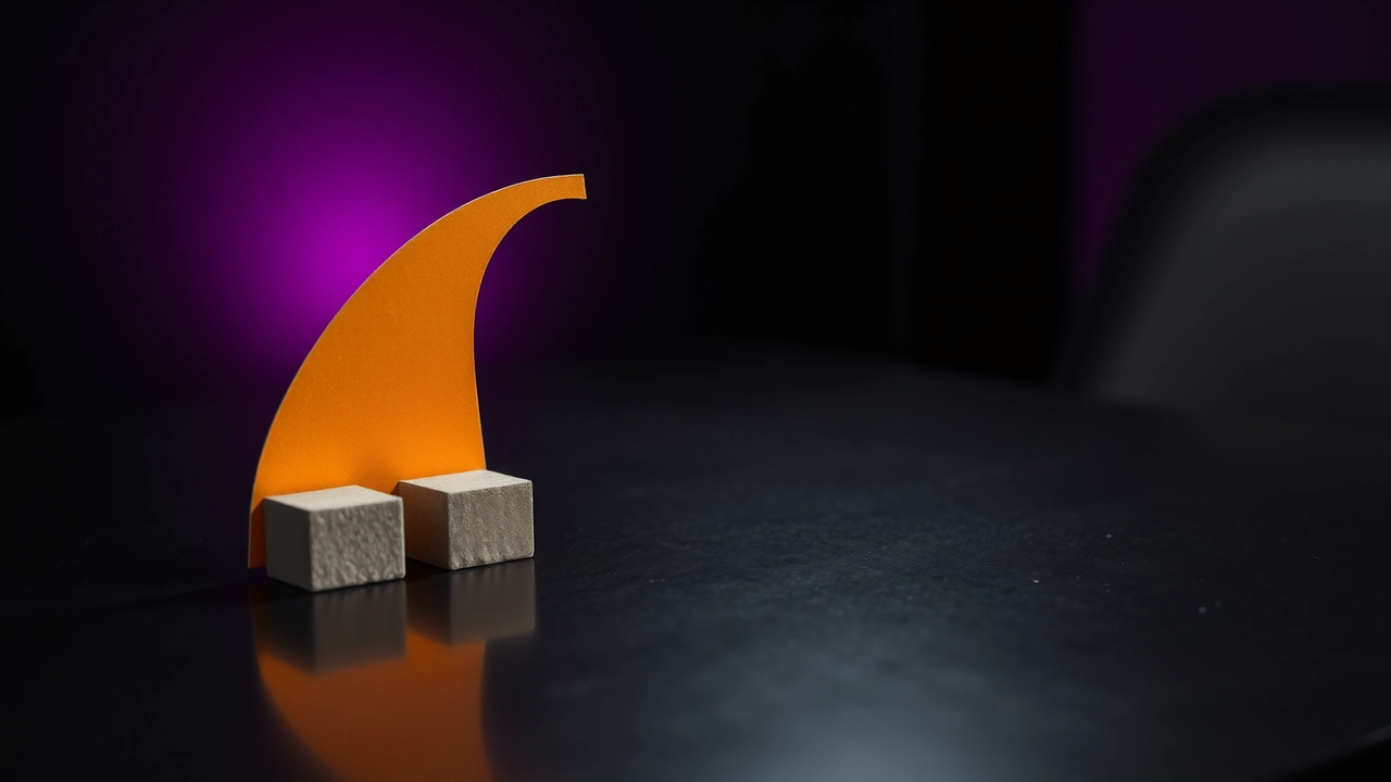 A thin strip of card cut into a steeply rising arc sits propped on two small blocks close to the lens, its upper face warm orange and its end cut off short. Nothing else stands on the black glass. Violet light behind it drains to black and the arc throws one long shadow toward the viewer.