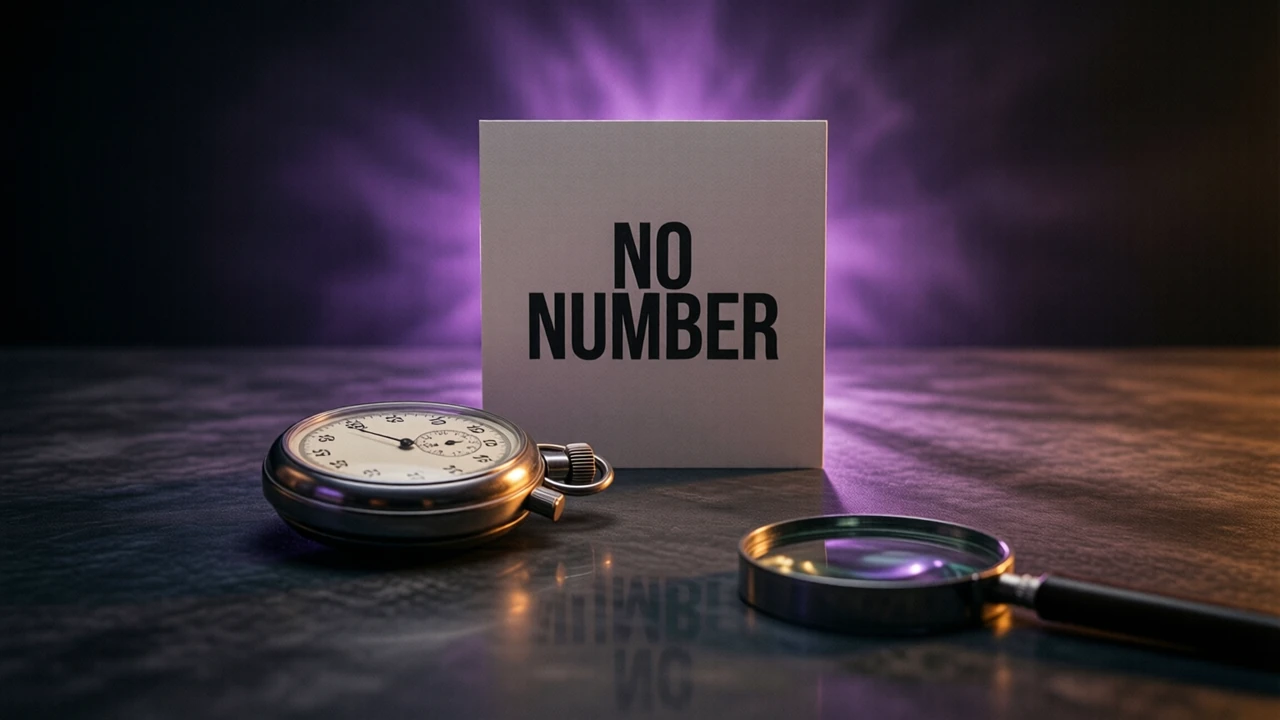 A stopwatch lies face up on dark polished slate with its crown toward the viewer, its dial a plain unbroken pale disc; a flat card stands behind it facing the lens head-on and bearing the one line NO NUMBER in heavy black. A cold violet wash behind the card dies to black, the stopwatch dragging a long shadow over the mirrored stone.