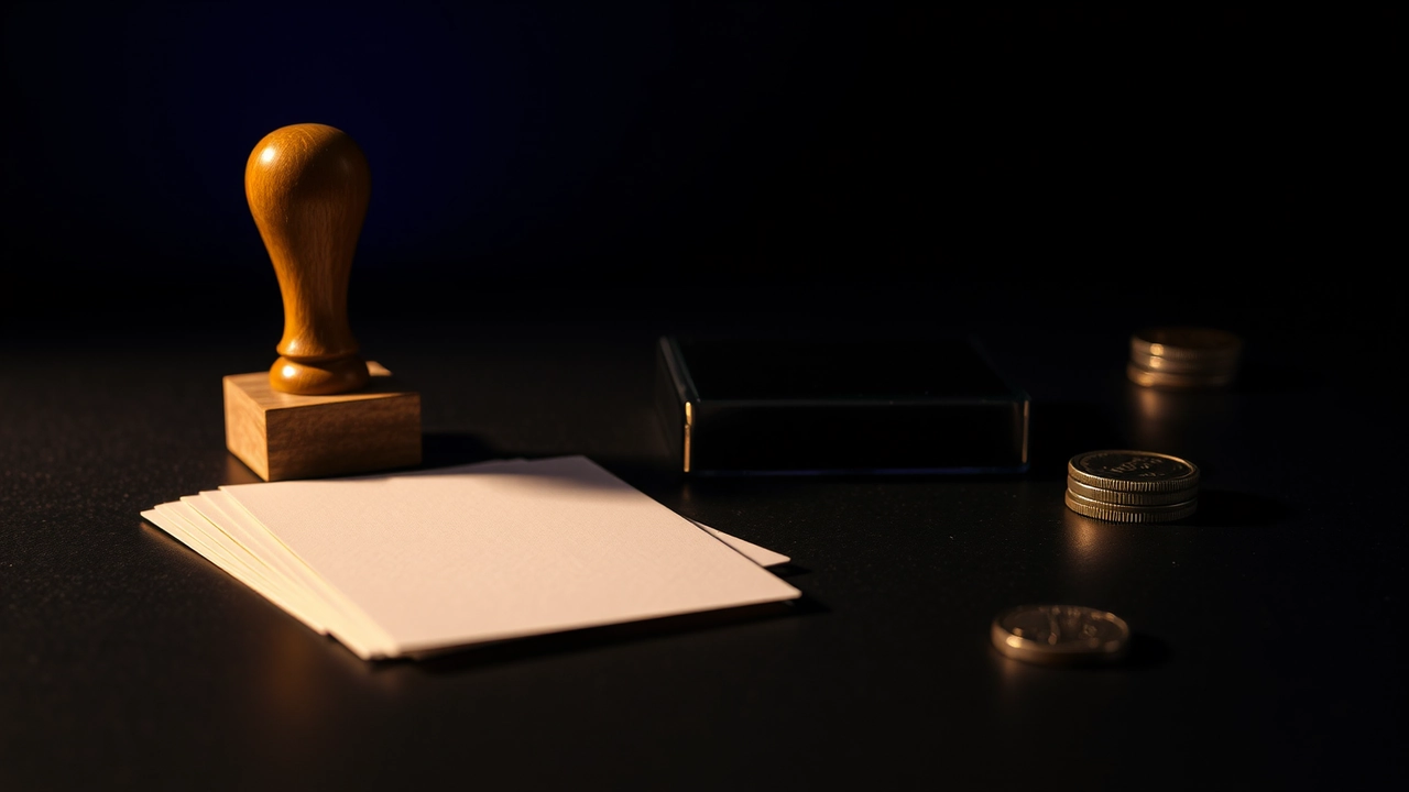A rubber stamp stands on its handle beside a clean ink pad, both close to the lens on black lacquered stone, a small fan of plain unprinted cards lying flat in front of them. A magenta bloom of light behind dies to black and pushes their shadows toward the viewer.