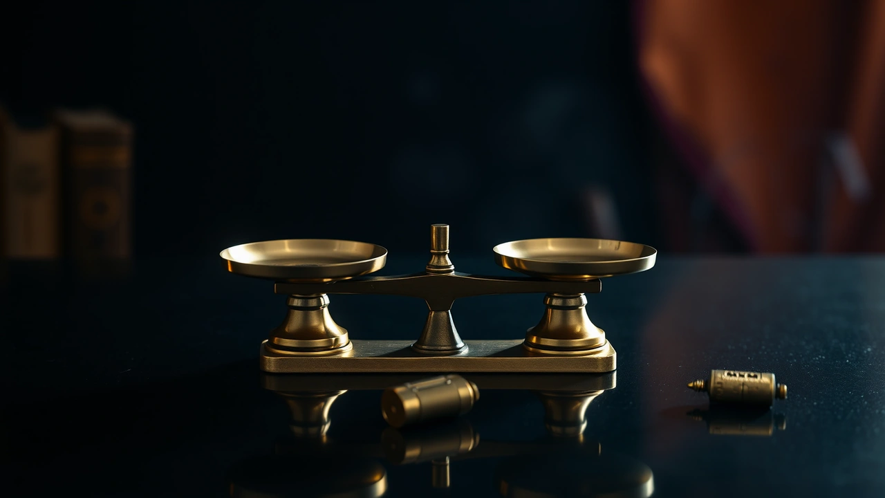 A small set of brass balance scales stands empty and level on black lacquered stone, both pans bare, seen head-on and close to the lens. A magenta bloom of light behind it drains away to black, and the base leaves a clean double in the polish underneath.