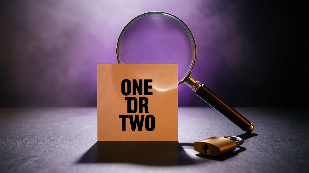 One flat card lies face up and turned to the lens on dark polished slate, close in and taking up most of the picture, bearing the one line ONE T OR TWO set in heavy black. A round magnifier stands on its handle just behind it. Violet light behind them drains to black and the card's edge cuts a crisp shadow across the stone.